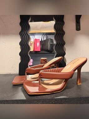 PrettyLittleThing Brown Square-Toe Heeled Thong Sandals